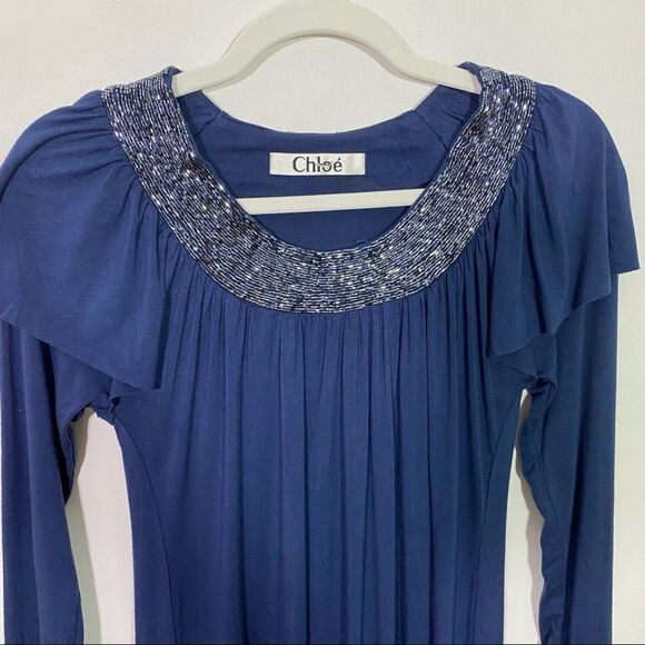 CHLOE Blue Long Sleeved Midi Dress with Beaded Collar and Fringed Shoulders - Picture 2 of 9